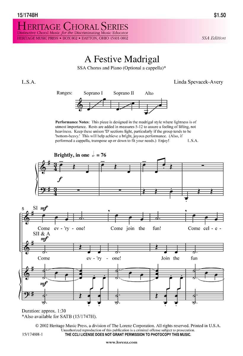 A Festive Madrigal : SA : Linda Spevacek : Sheet Music : 15-1748H