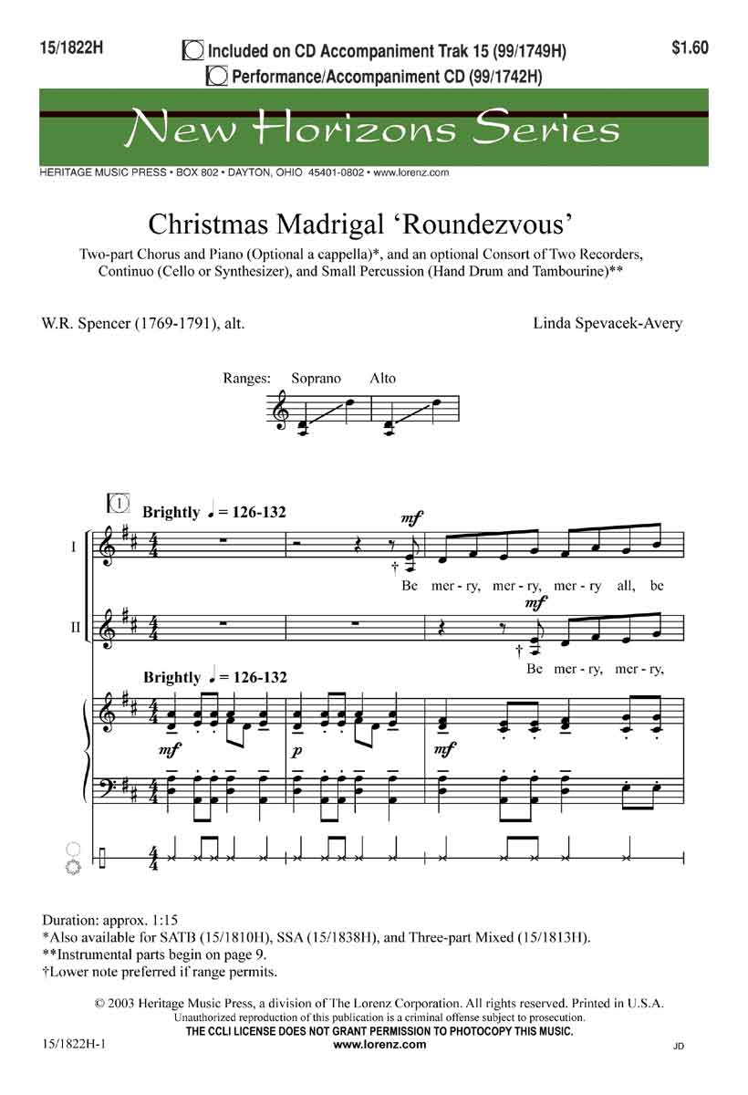 Christmas Madrigal Roundezvous : SA : Linda Spevacek : Sheet Music : 15-1822H