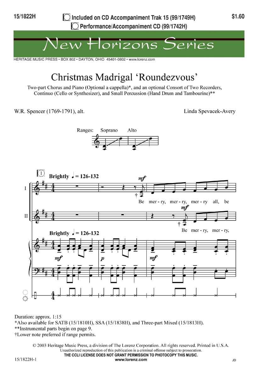 Christmas Madrigal Roundezvous : SA : Linda Spevacek : Songbook : 15-1822H