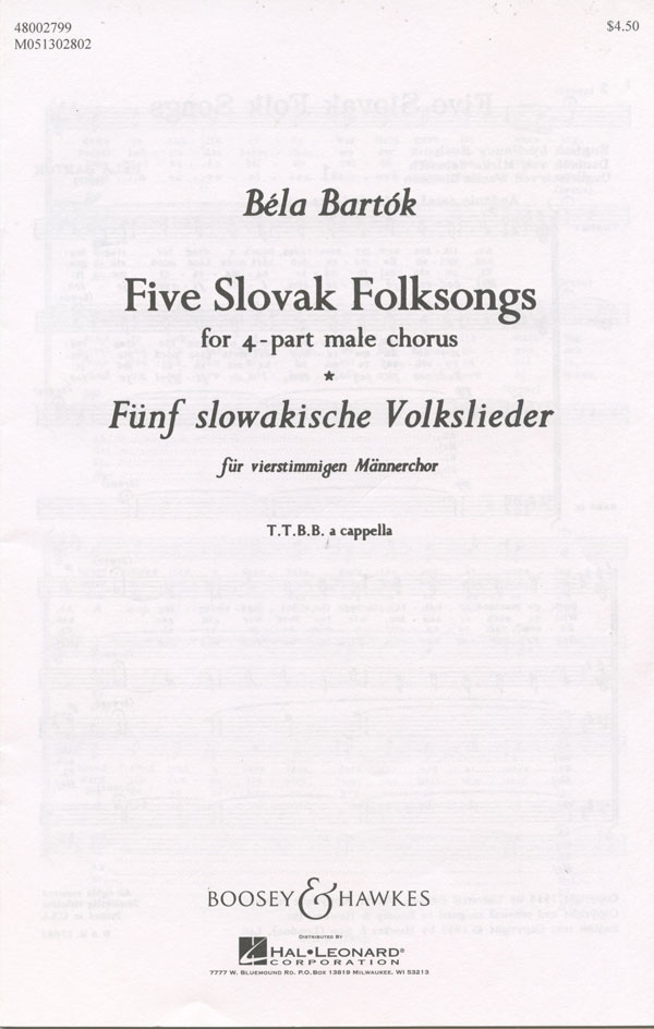 Bela Bartok : Five Slovak Folksongs : TTBB : Songbook : 073999296020 : 48002799