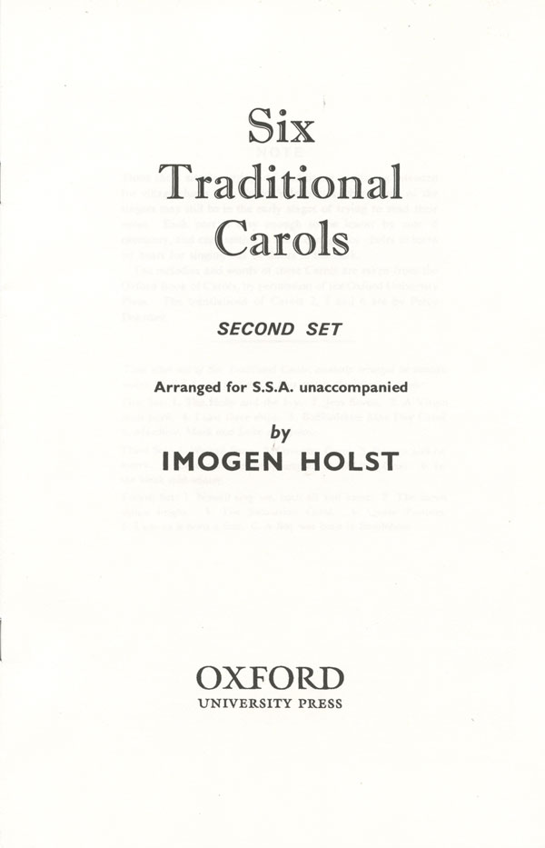 Imogen Holst : Six Traditional Carols Second Set : SSA : Songbook : Imogen Holst : 9780195366419 : 9780195366419