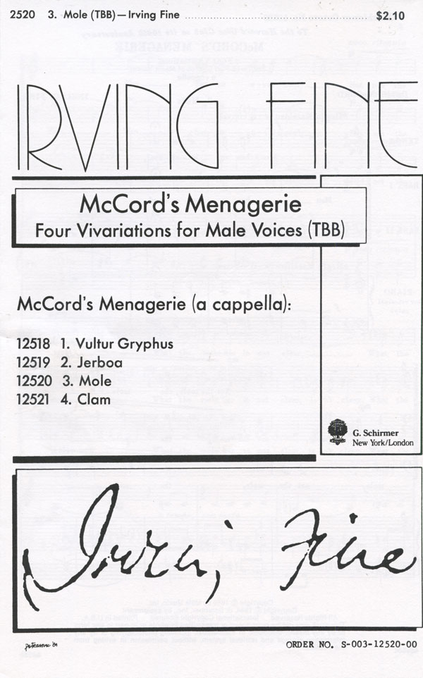 Irving Fine : McCord's Menagerie : TBB 3 Parts : Sheet Music Collection