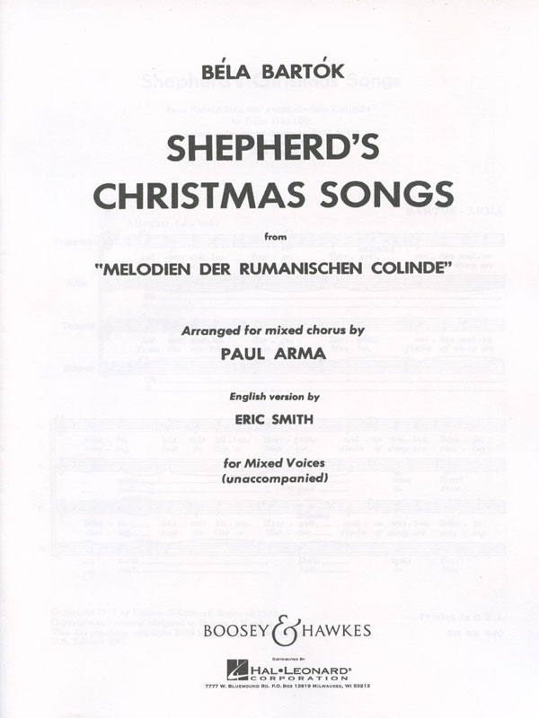 Bela Bartok : Shepherd's Christmas Songs : SATB divisi : Songbook : 073999885835 : 48002889